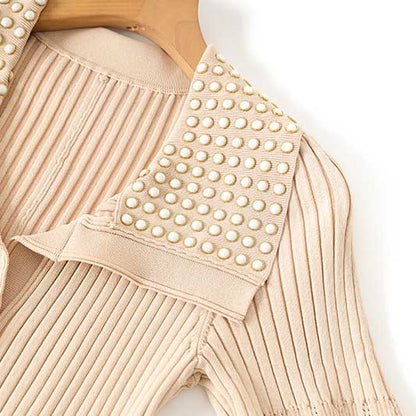 Short Sleeves Knitted Midi Dress Beaded Collar Body-Con Long Dress