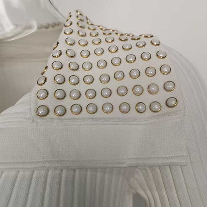 Short Sleeves Knitted Midi Dress Beaded Collar Body-Con Long Dress