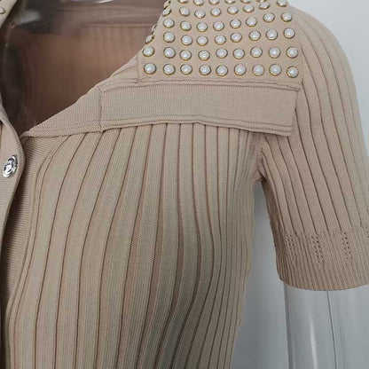 Short Sleeves Knitted Midi Dress Beaded Collar Body-Con Long Dress