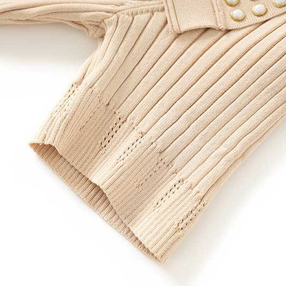 Short Sleeves Knitted Midi Dress Beaded Collar Body-Con Long Dress