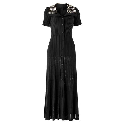 Short Sleeves Knitted Midi Dress Beaded Collar Body-Con Long Dress