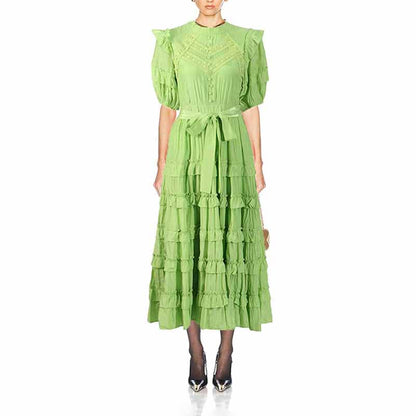 Short Sleeve Stringy Selvedge Round Neck Midi Dress