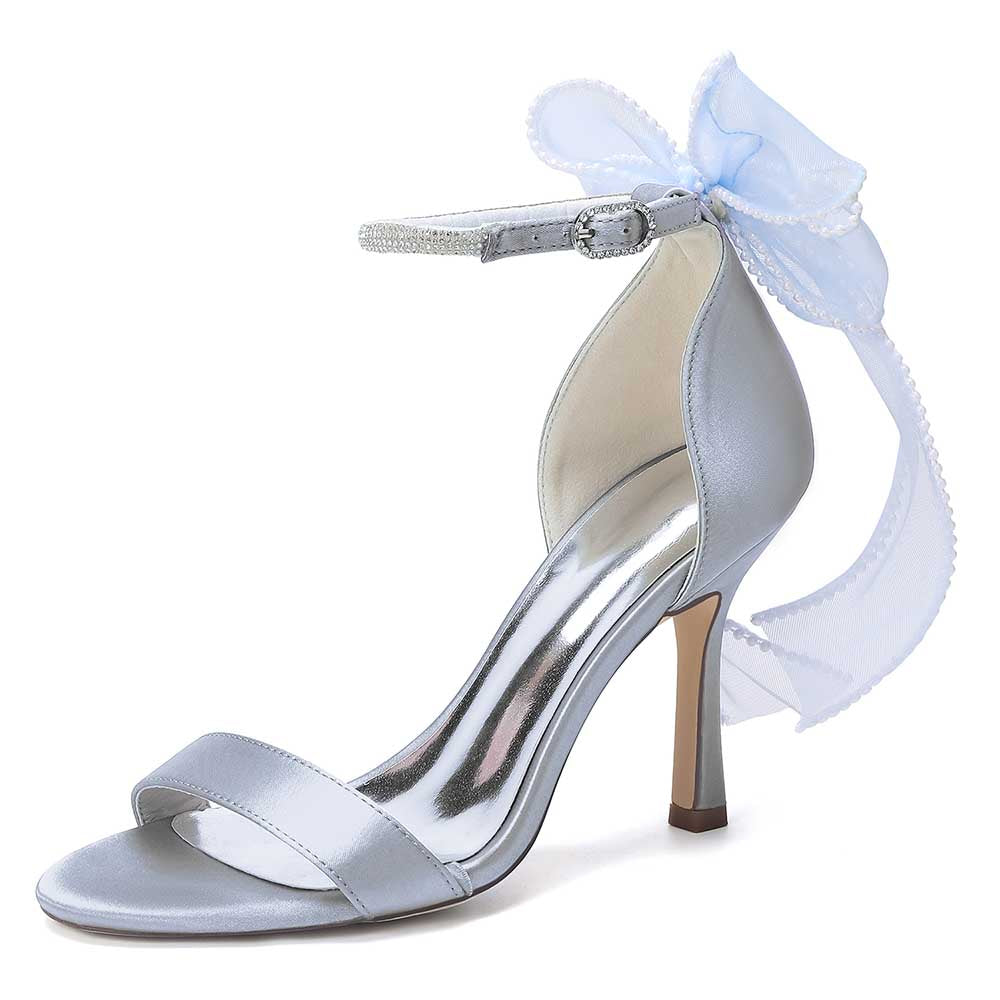High Heel Sandals for Women | Bridal Wedding Shoes with Ankle Strap & Organza Bow | Satin Open Toe Stilettos for Party Evening Formal