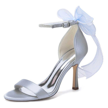 High Heel Sandals for Women | Bridal Wedding Shoes with Ankle Strap & Organza Bow | Satin Open Toe Stilettos for Party Evening Formal