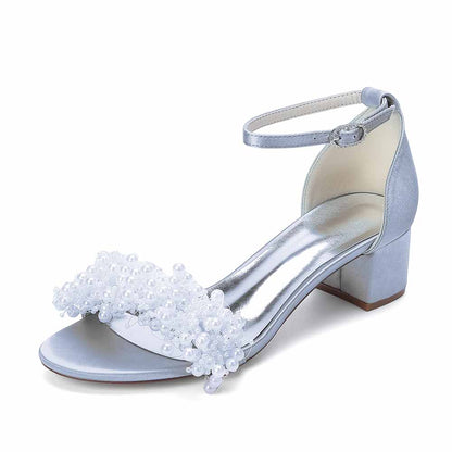 Women's Pearl Bridal Wedding Shoes Chunky Heel Ankle Strap Sandals for Party Evening