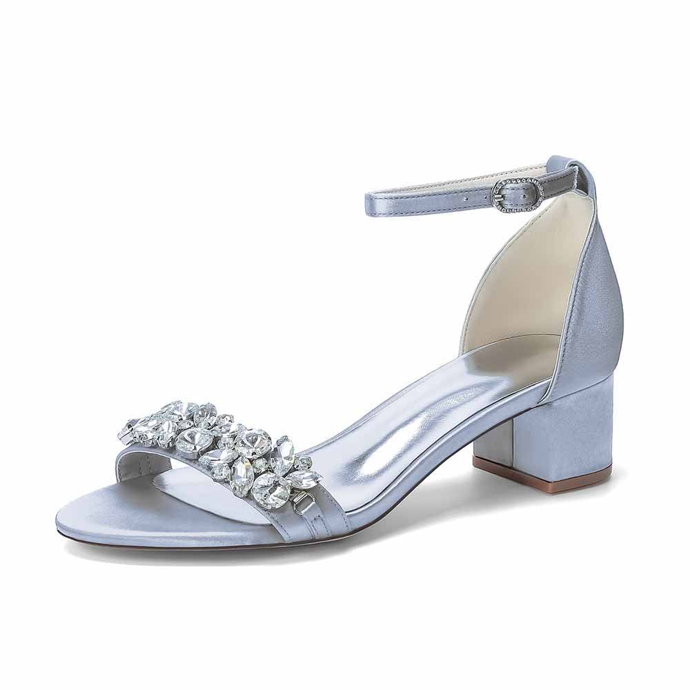 Women's Rhinestone Embellished Satin Strap Chunky Heel Sandals - Wedding Party Bridal Dress Shoes for Women