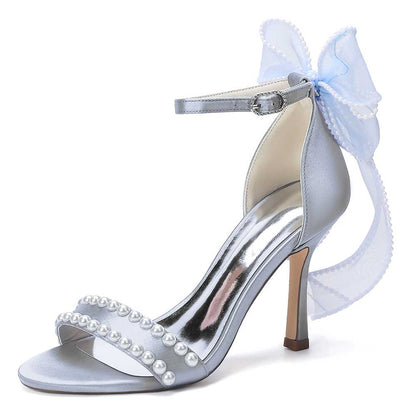Satin Pearls Ankle Strap High Heels Bridal Shoes for Wedding Open Toe Formal Evening Dress Sandals