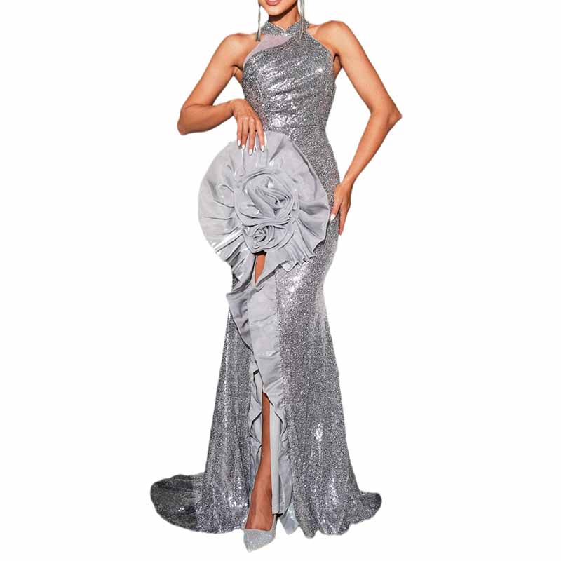 Silver Sequin Prom Dress Flower Embellished Halter High Split Event Dress