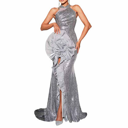 Silver Sequin Prom Dress Flower Embellished Halter High Split Event Dress