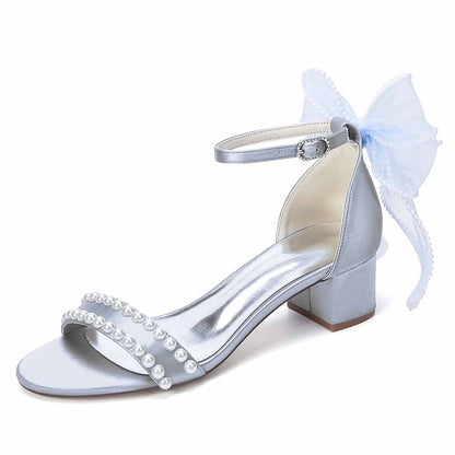 Women's Pearl Bridal Sandals with Bowknot, Block Heel Ankle Strap Wedding Shoes