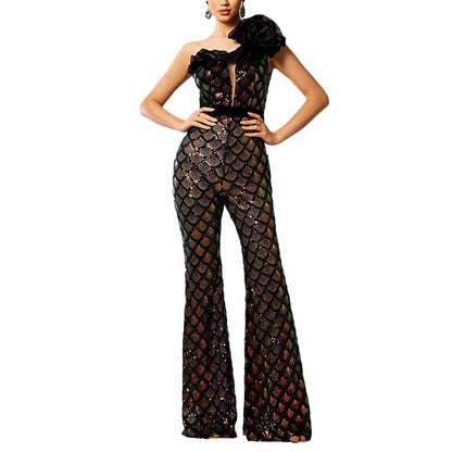 Single Shoulder Black Sequin Jumpsuit With 3D Flower Detail One Piece Suit