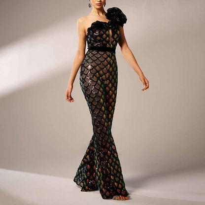 Single Shoulder Black Sequin Jumpsuit With 3D Flower Detail One Piece Suit
