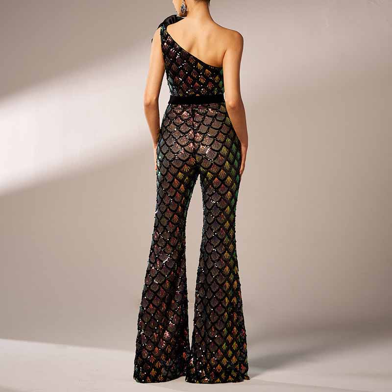 Single Shoulder Black Sequin Jumpsuit With 3D Flower Detail One Piece Suit