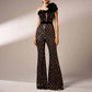 Single Shoulder Black Sequin Jumpsuit With 3D Flower Detail One Piece Suit