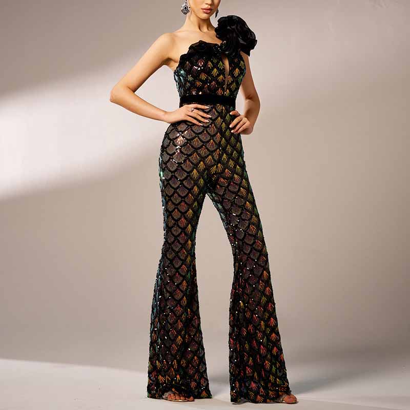 Single Shoulder Black Sequin Jumpsuit With 3D Flower Detail One Piece Suit