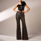 Single Shoulder Black Sequin Jumpsuit With 3D Flower Detail One Piece Suit