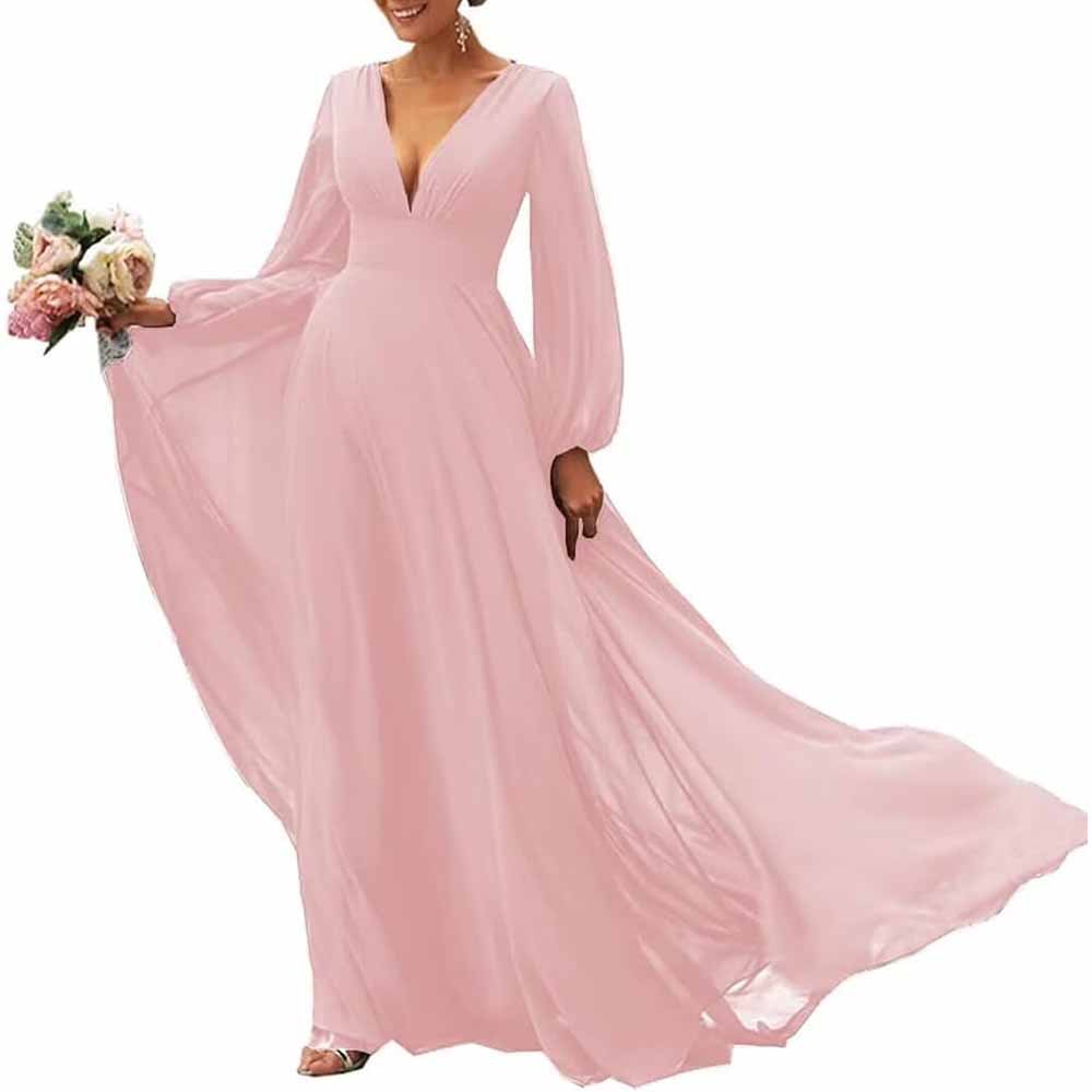 Long Sleeve V-Neck Chiffon Bridesmaid Dresses A Line Prom Dress Evening Gowns