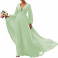 Long Sleeve V-Neck Chiffon Bridesmaid Dresses A Line Prom Dress Evening Gowns