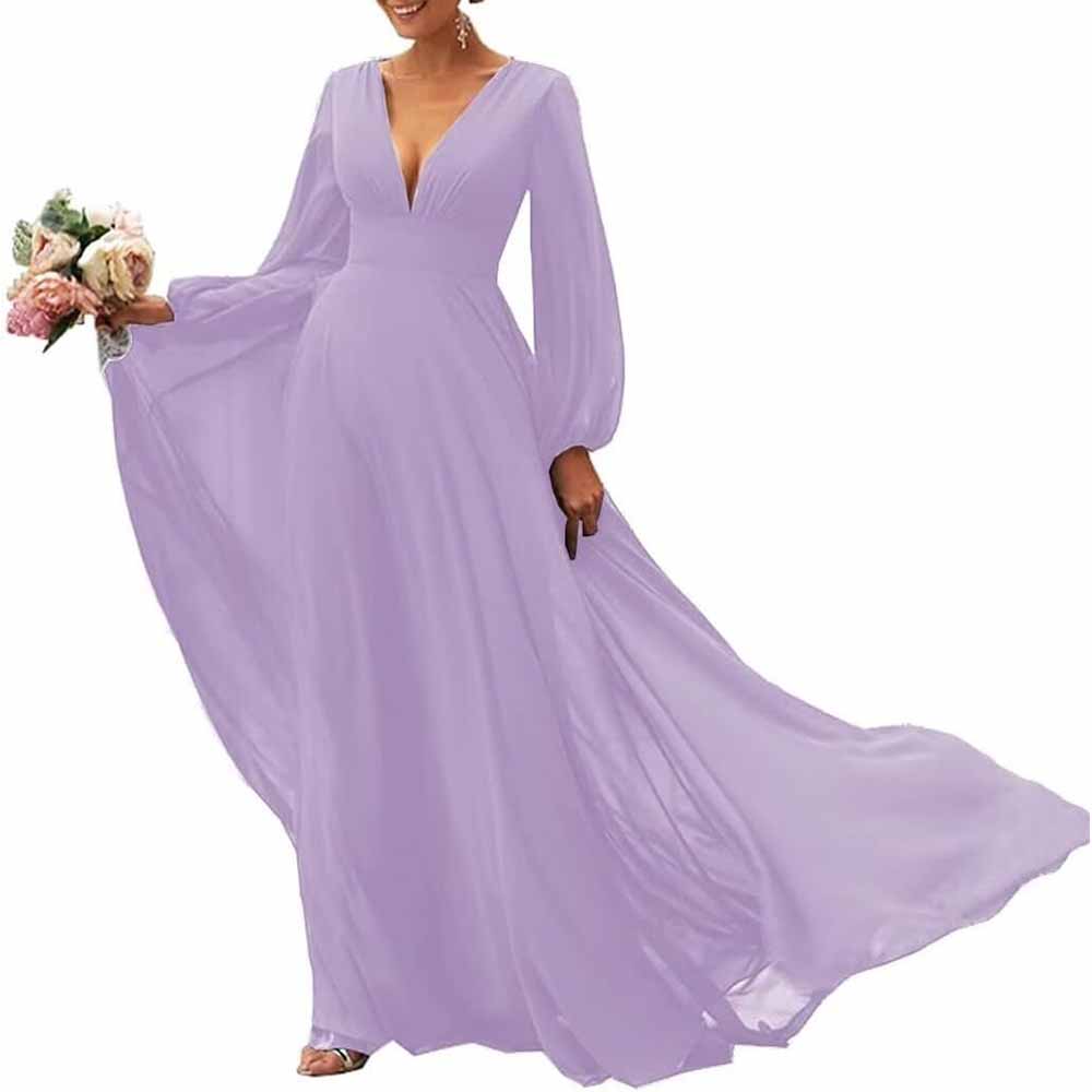 Long Sleeve V-Neck Chiffon Bridesmaid Dresses A Line Prom Dress Evening Gowns