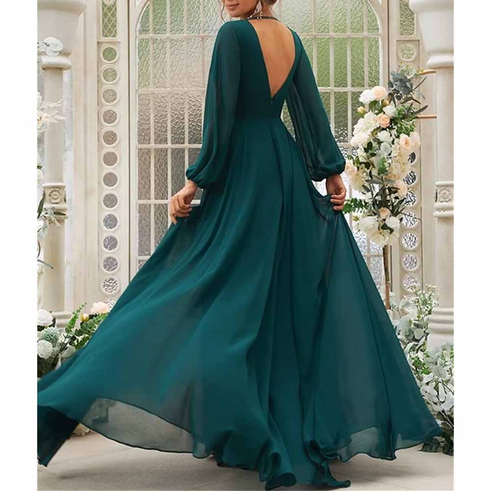 Long Sleeve V-Neck Chiffon Bridesmaid Dresses A Line Prom Dress Evening Gowns