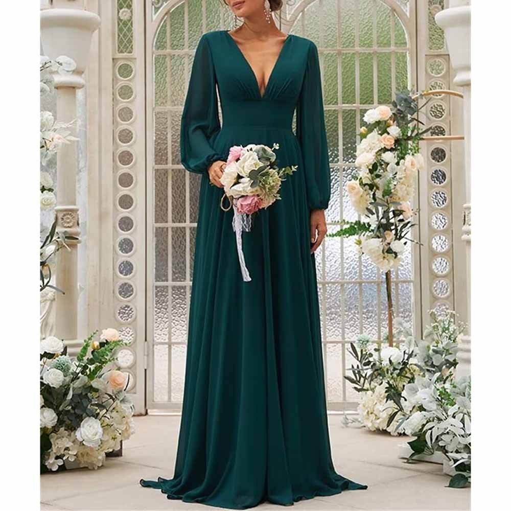 Long Sleeve V-Neck Chiffon Bridesmaid Dresses A Line Prom Dress Evening Gowns