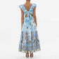 Sleeveless Blue Floral Dress Lace-Up Back Printing Midi Dress