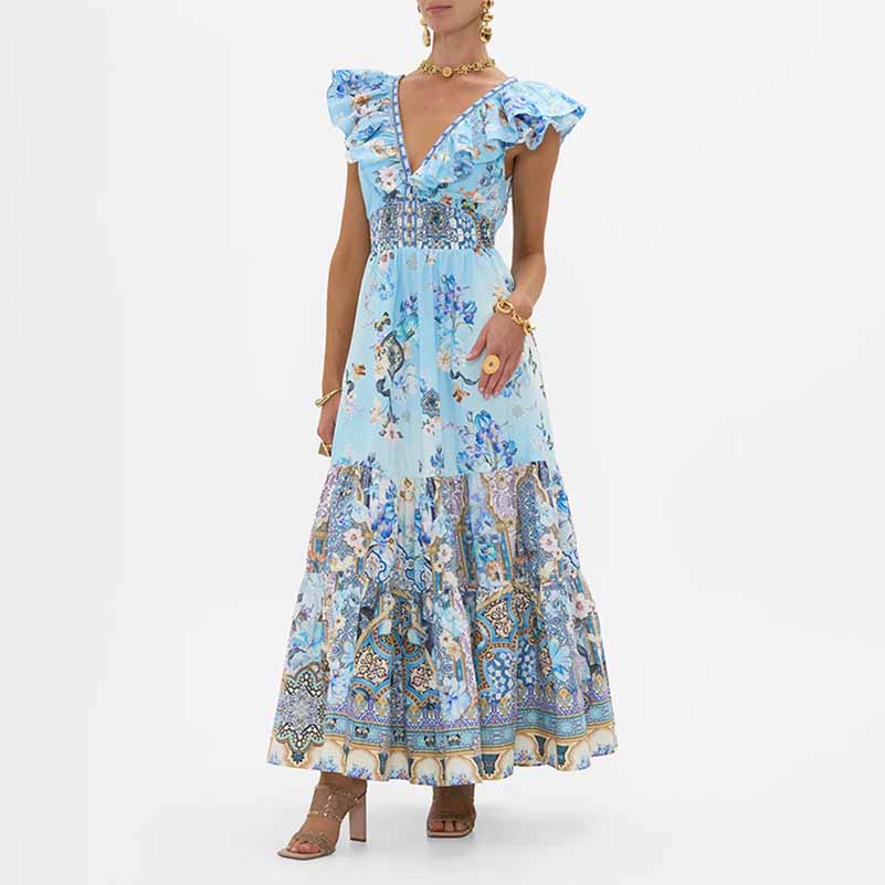 Sleeveless Blue Floral Dress Lace-Up Back Printing Midi Dress