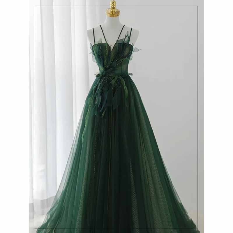 Spaghetti Straps Dark Green Gown With Leaf Details Long Evening Prom Dress