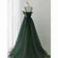 Spaghetti Straps Dark Green Gown With Leaf Details Long Evening Prom Dress