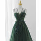 Spaghetti Straps Dark Green Gown With Leaf Details Long Evening Prom Dress