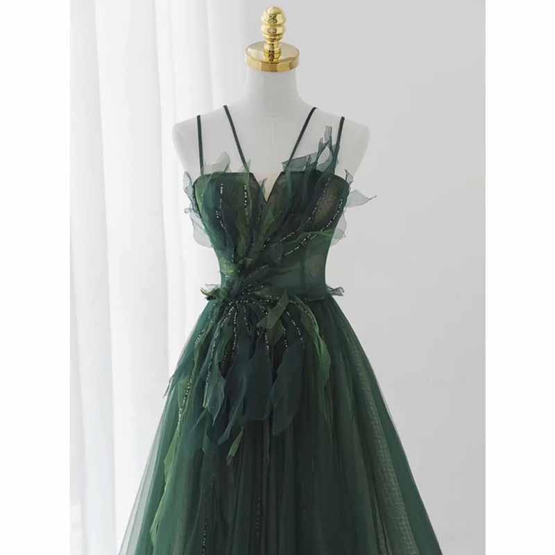 Spaghetti Straps Dark Green Gown With Leaf Details Long Evening Prom Dress