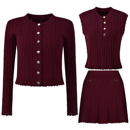 Sleeveless Knit Crop Top Skirt Suit With Cardigan Jacket 3 Pieces Set in Wine Red