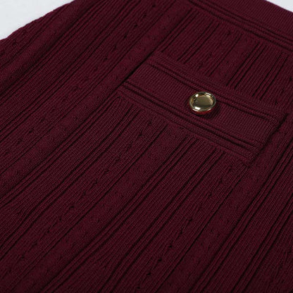 Sleeveless Knit Crop Top Skirt Suit With Cardigan Jacket 3 Pieces Set in Wine Red