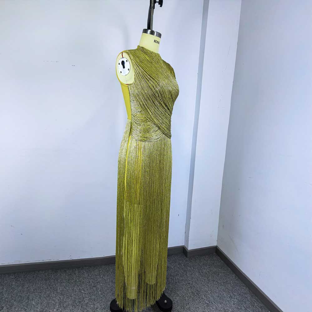 Sleeveless Metallic Fringe Bandage Dress Women’s Bodycon Evening Gown