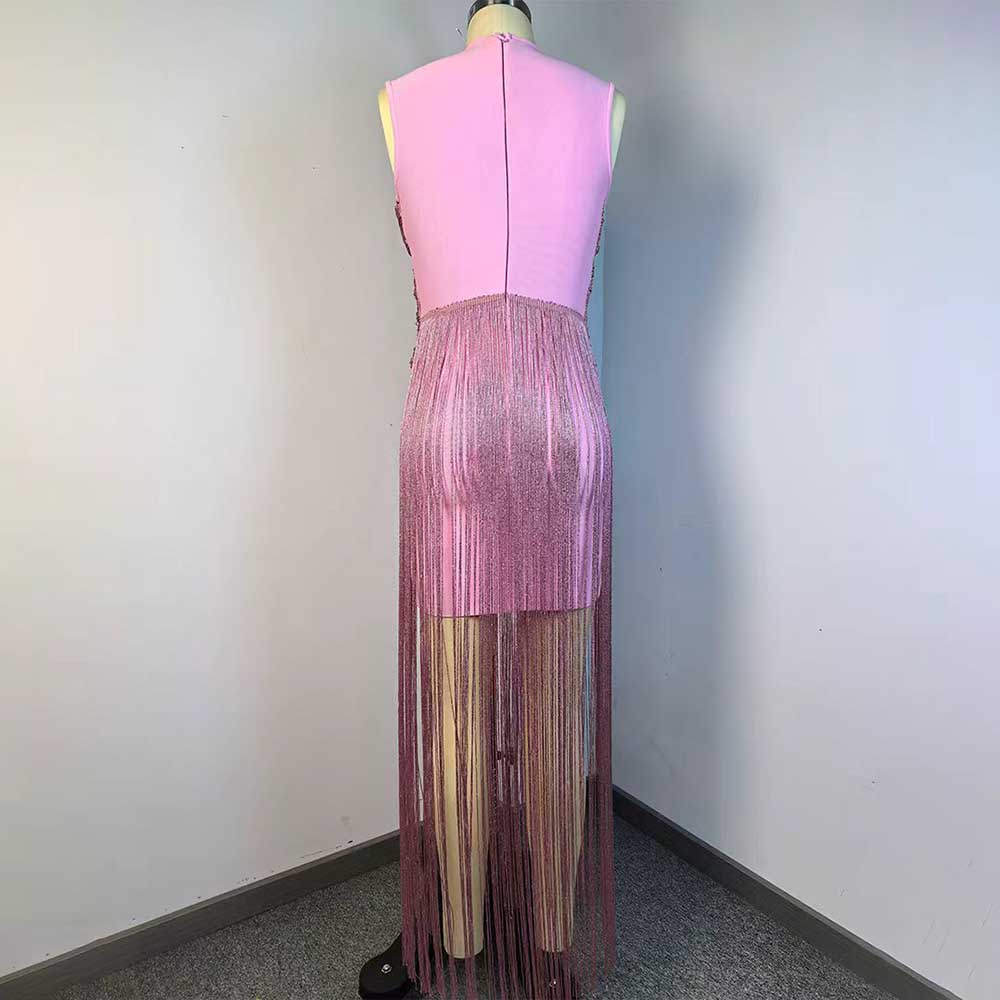 Sleeveless Metallic Fringe Bandage Dress Women’s Bodycon Evening Gown