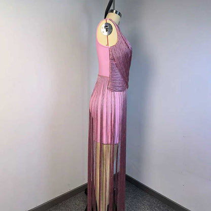 Sleeveless Metallic Fringe Bandage Dress Women’s Bodycon Evening Gown