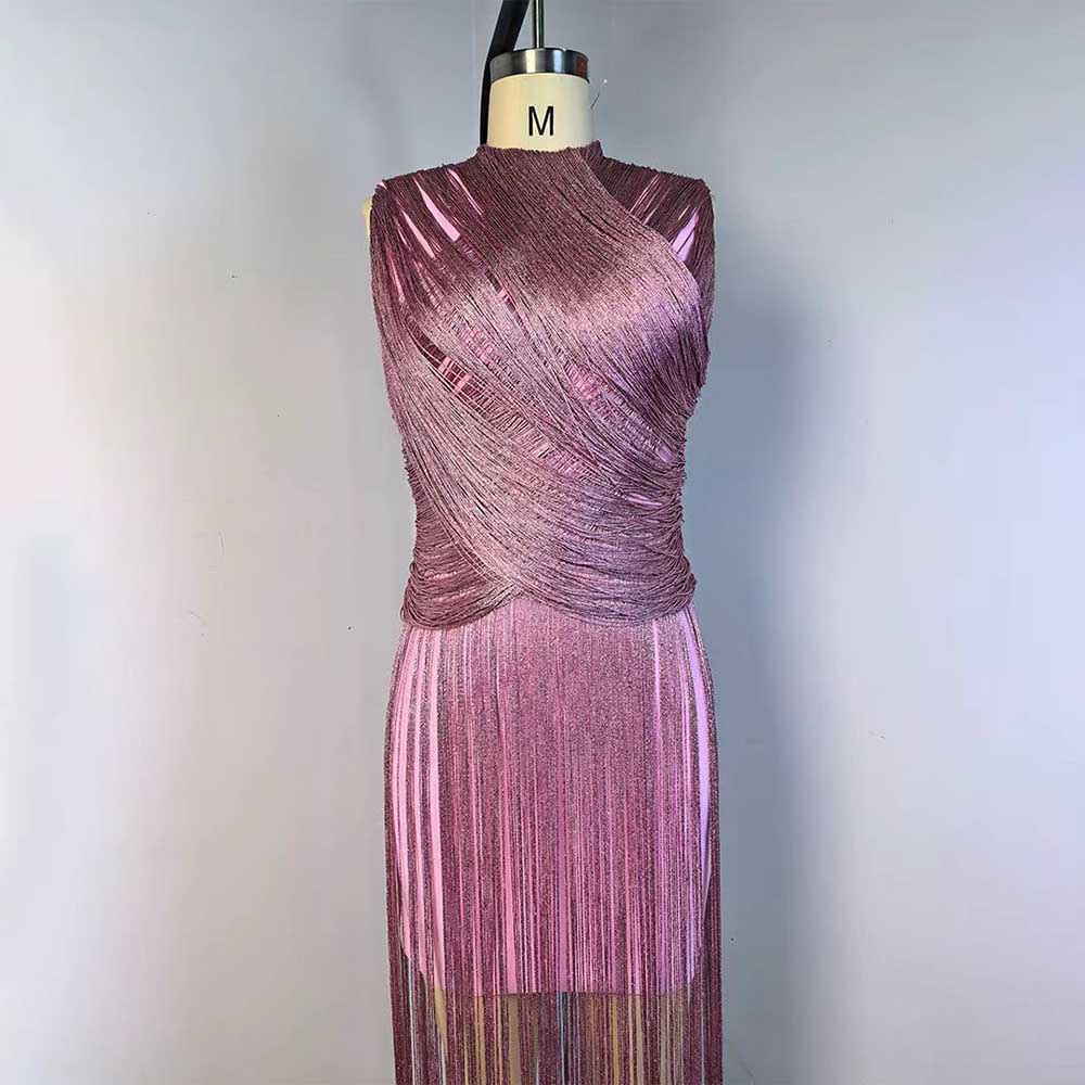 Sleeveless Metallic Fringe Bandage Dress Women’s Bodycon Evening Gown