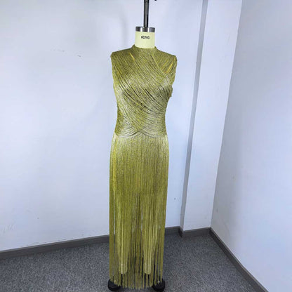 Sleeveless Metallic Fringe Bandage Dress Women’s Bodycon Evening Gown