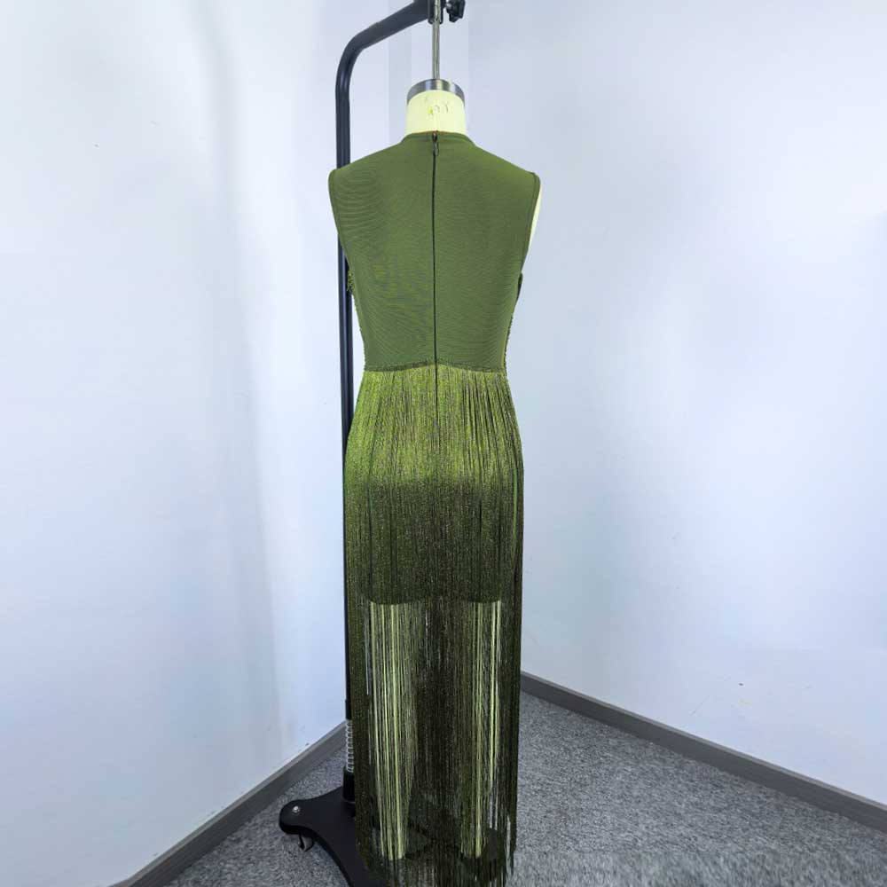 Sleeveless Metallic Fringe Bandage Dress Women’s Bodycon Evening Gown