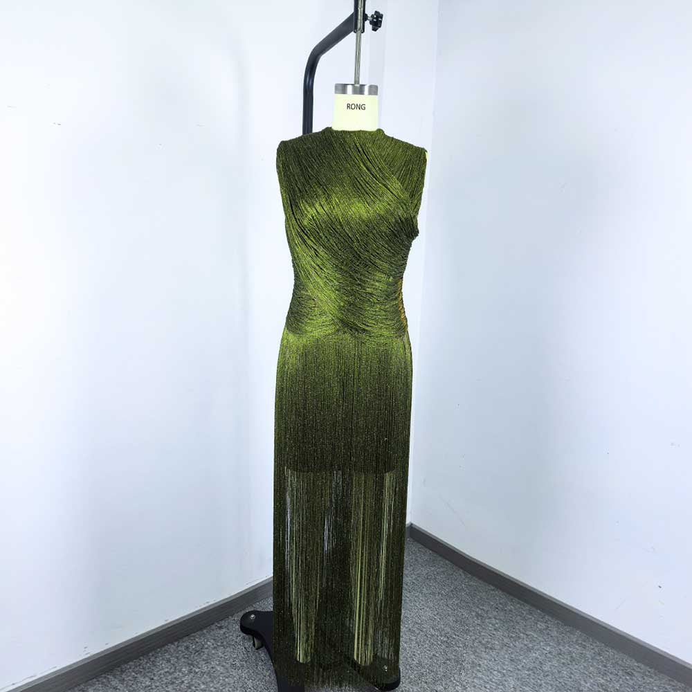 Sleeveless Metallic Fringe Bandage Dress Women’s Bodycon Evening Gown