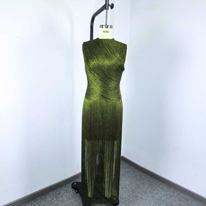 Sleeveless Metallic Fringe Bandage Dress Women’s Bodycon Evening Gown