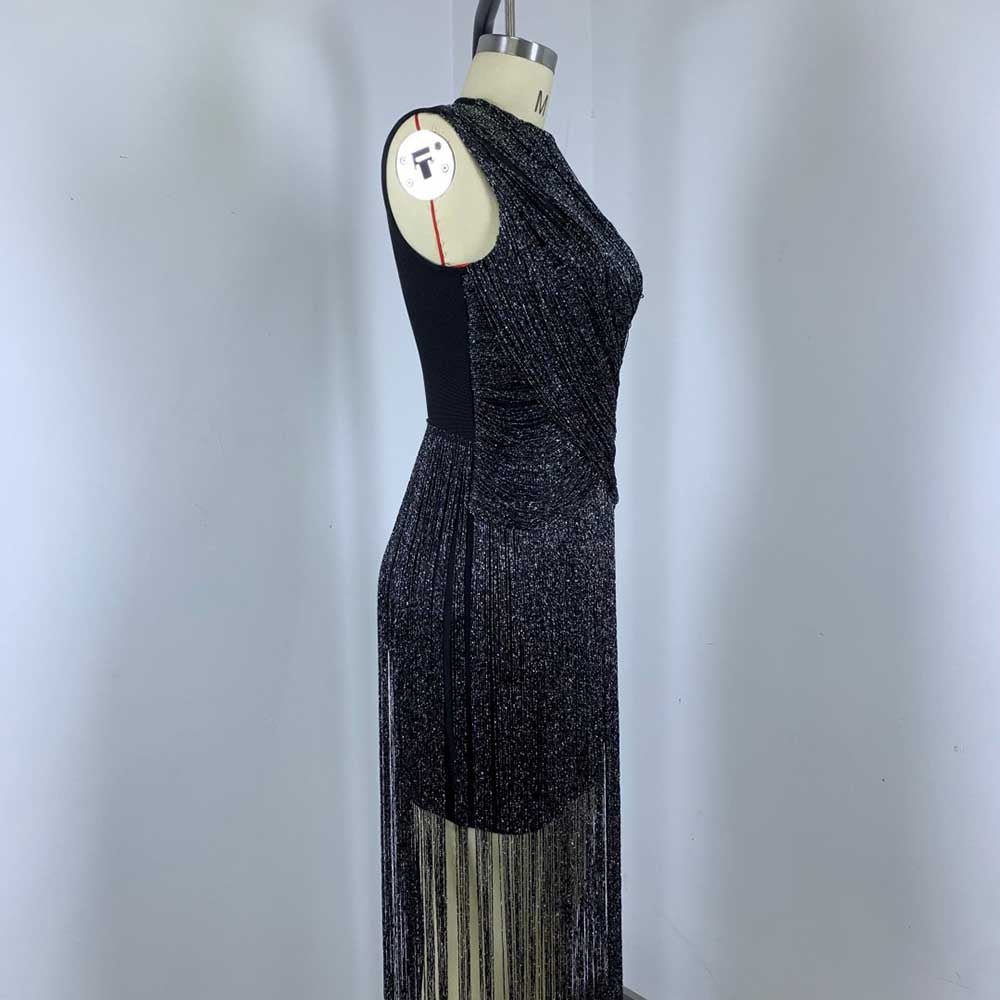 Sleeveless Metallic Fringe Bandage Dress Women’s Bodycon Evening Gown
