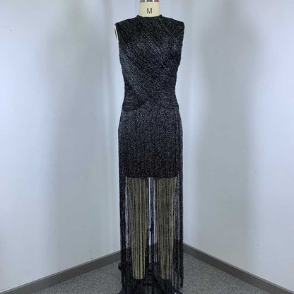 Sleeveless Metallic Fringe Bandage Dress Women’s Bodycon Evening Gown