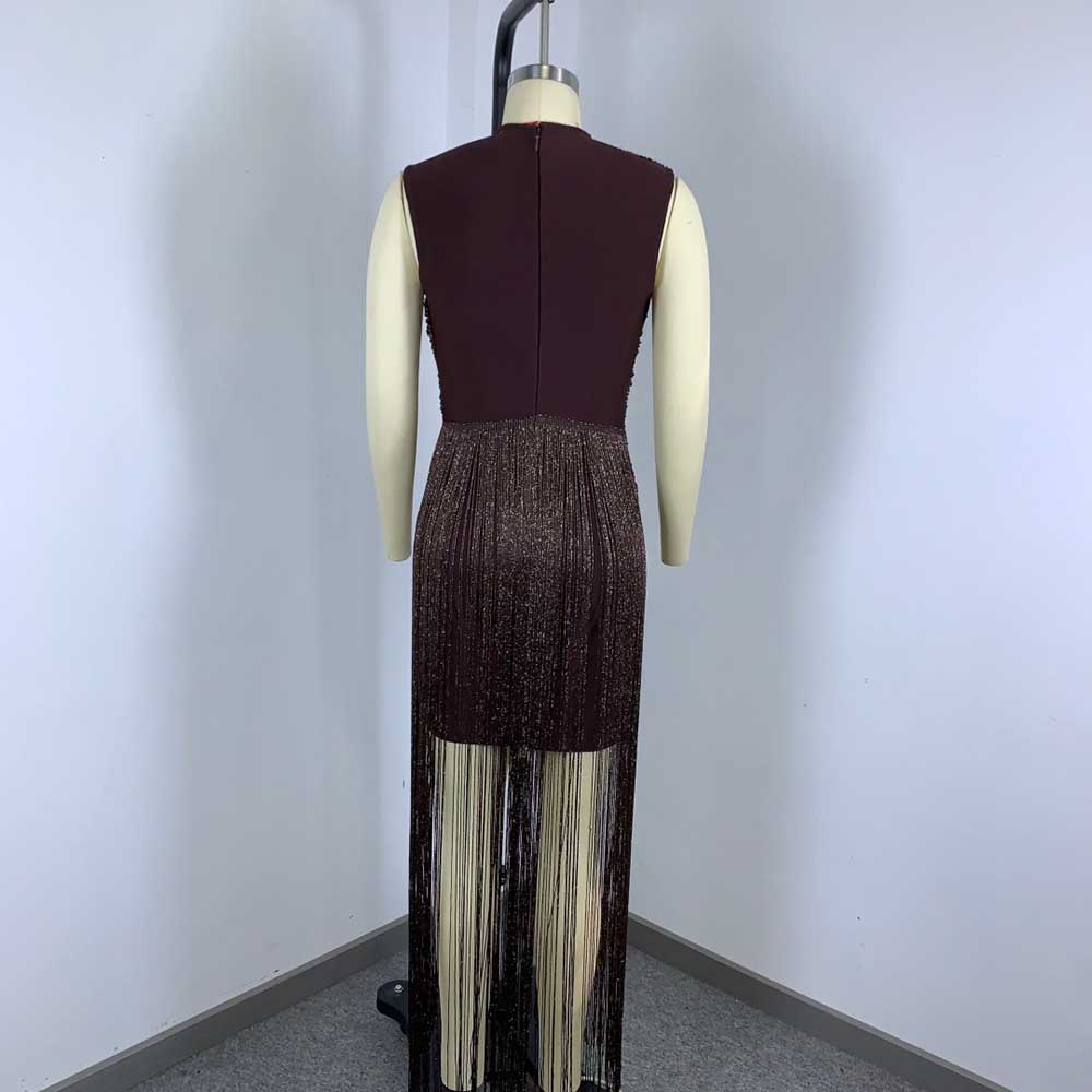 Sleeveless Metallic Fringe Bandage Dress Women’s Bodycon Evening Gown