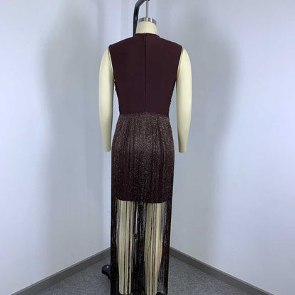 Sleeveless Metallic Fringe Bandage Dress Women’s Bodycon Evening Gown
