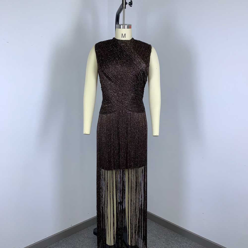 Sleeveless Metallic Fringe Bandage Dress Women’s Bodycon Evening Gown