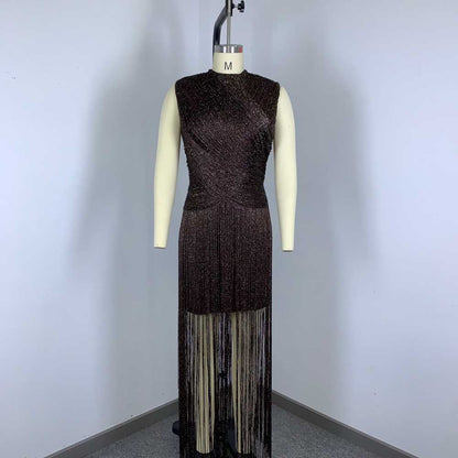 Sleeveless Metallic Fringe Bandage Dress Women’s Bodycon Evening Gown