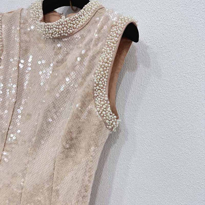 Sleeveless Midi Sequin Dress With Pearl Appliques
