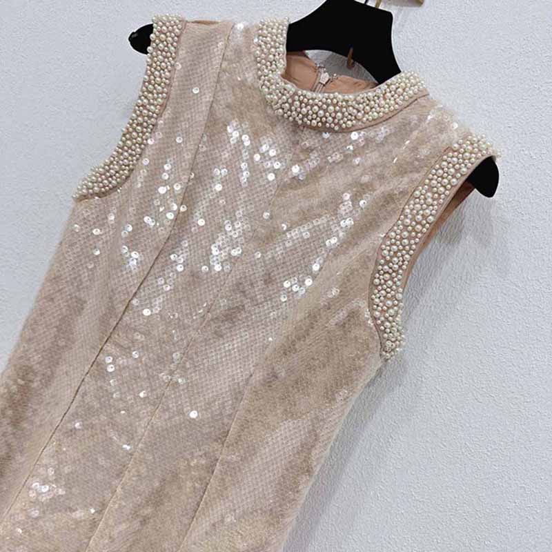 Sleeveless Midi Sequin Dress With Pearl Appliques