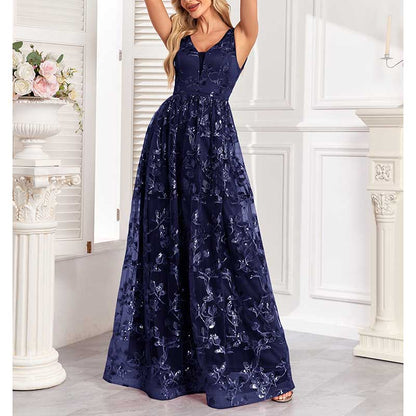 Sleeveless Sequin V-Neck Long Prom Dress Event Dress Wedding Ball Gown Dress